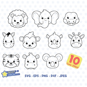 Safari Animals Faces Outline SVG Bundle, Cute Animal Heads Svg, Jungle Animal Svg, Zoo Animal Svg, Baby Shower Designs Svg, Nursery Designs