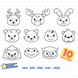 Woodland Animals Faces Outline SVG Bundle, Cute Baby Animals Png, Fox, Hedgehog, Rabbit, Owl, Beaver, Moose, Bear, Frog, Deer, Turtle, Png