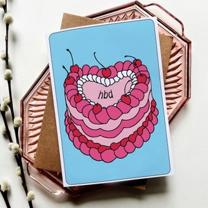 Mangez du gâteau ! Carte de joyeux anniversaire | vintage gâteau aux cerises en forme de coeur esthétique | Carte d'anniversaire vierge A7 (5 x 7 pouces)