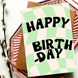Carte d'anniversaire à carreaux vert citron | Rétro années 60 | Ambiance vintage | Carte d'anniversaire vierge A7 (5 x 7 pouces)