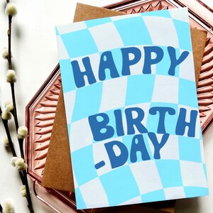 d'anniversaire à carreaux bleus | Carte d'anniversaire vierge A7 (5 x 7 pouces)