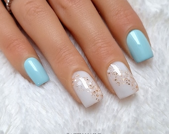 Press on Nails Fingernägel zum Aufkleben Blau Mint Milky White Gold Glitzer handgefertigt aus Deutschland