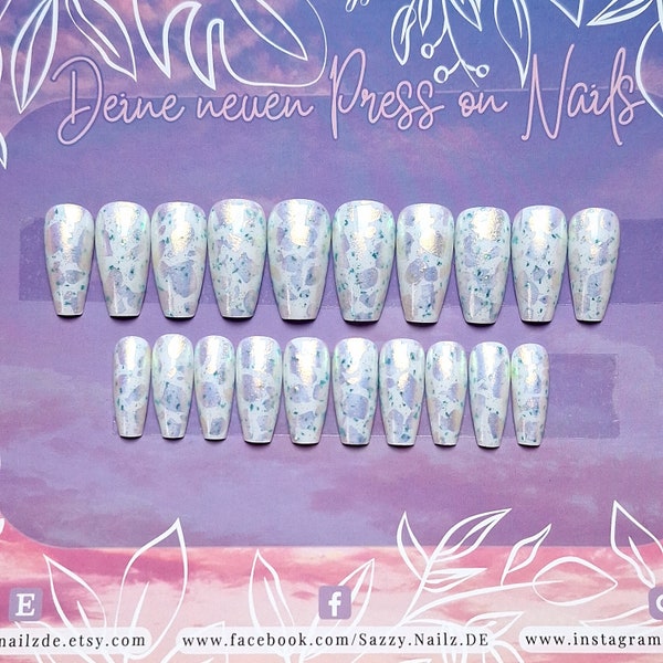 Press on Nails - Fingernägel zum Aufkleben-Versandfertig-Ballerina medium-Blau Weiß Chrome-handgefertigt