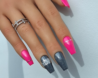 Press on Nails - Fingernägel zum Aufkleben - Neon Pink Grau Silber Glitzer - handgefertigt aus Deutschland