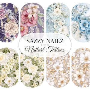 Nail Decals - Nailart Tattoos - Waterslide - Full Cover Nail Wraps - Nail Slider - Overlays - Floral Wedding Lace