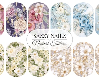Nail Decals - Nailart Tattoos - Waterslide  - Full Cover Nail Wraps - Nail Slider - Overlays - Floral Wedding Lace
