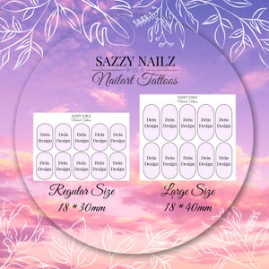 Pode incluir: Tatuagens de nail art da Sazzy Nailz, em tamanhos regular e grande. O tamanho regular &eacute; 18 x 30 mm, e o tamanho grande &eacute; 18 x 40 mm. Cada tatuagem tem a inscri&ccedil;&atilde;o "Dein Design".