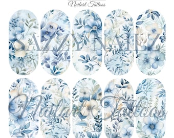 Nail Decals - Nailart Tattoos - Waterslide  - Full Cover Nail Wraps - Nail Slider - Overlays - Blue Winter Flowers