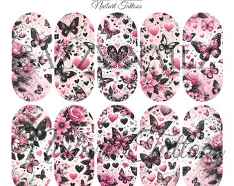 Nail Decals - Nailart Tattoos - Waterslide  - Full Cover Nail Wraps - Nail Slider - Overlays - Pink Butterfly