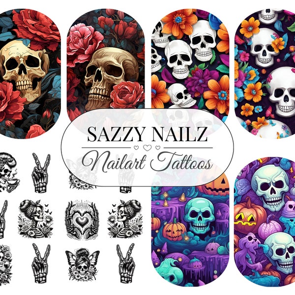 Nail Decals - Nailart Tattoos - Waterslide - Full Cover Nail Wraps - Nail Slider - Overlays - Skulls