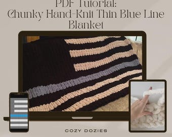 May include: A chunky hand-knit blanket with a thin blue line design, displayed on a laptop, phone, and tablet. The blanket features black, beige, and gray stripes. The text "PDF Tutorial: Chunky Hand-Knit Thin Blue Line Blanket" is displayed.