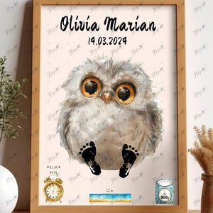Lindo búho bebé - Regalo personalizado para bebé, juego de huellas, decoración de pared para bebé, regalo de búho para bebé, regalo personalizado para recién nacido