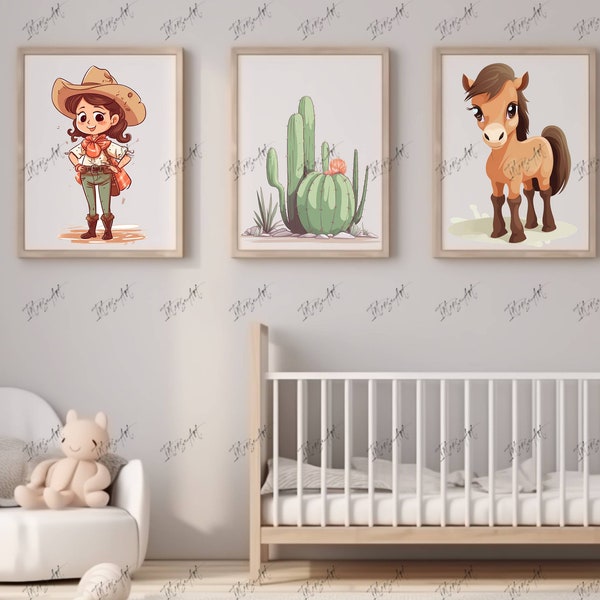 Western / Cowgirl themed childrens room decor - Set of three pictures - Printable