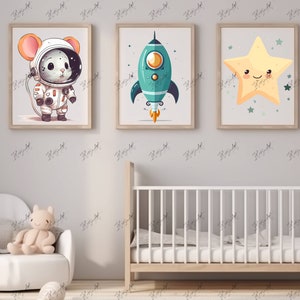 Decoración habitación infantil con temática Cosmos y Astronauta - Set de tres cuadros - Imprimible