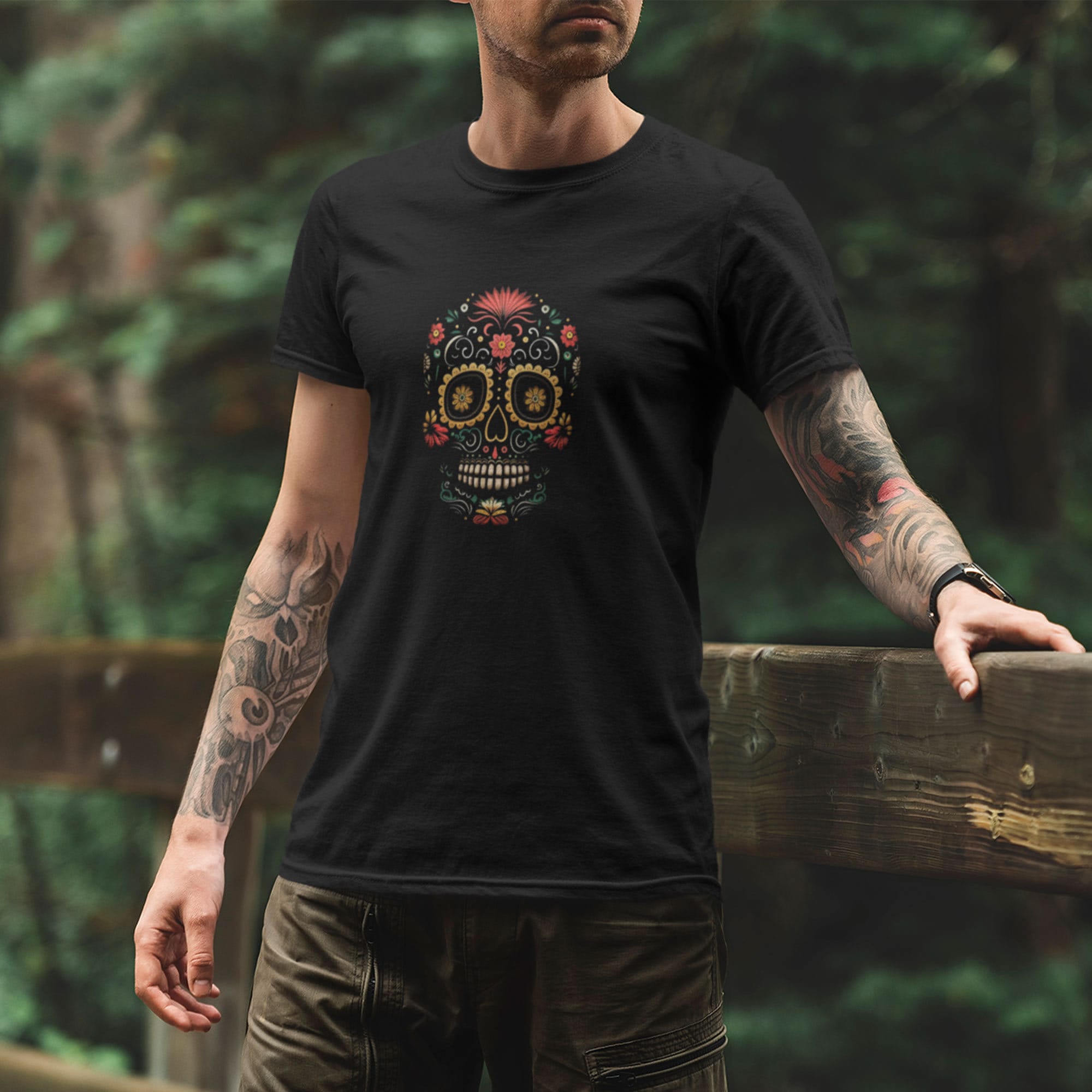 T-shirt Homme LAOLIUSN Tricolore Mexique - Manches Courtes - Motif Tête De Mort - Polyester/Élasthanne