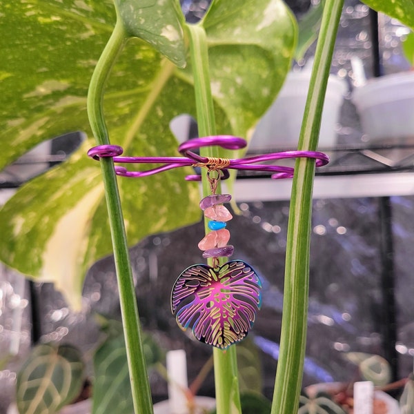 XL Underwire–Neo Chrome Filigree Monstera Leaf, Natural Stone Amethyst, Cherry Quartz, Turquoise; Stems, Plant Gifts, Trellis, Plant Support