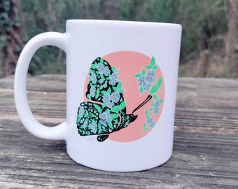 Floral Butterfly Tea Cup Animal Silhouette Coffee Mug, Gift for Nature Lover or Gardener Mom Grandma Gift 11 oz cup Hand Drawn Art