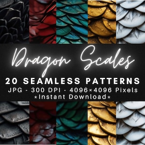May include: 20 seamless dragon scale patterns in various colors, including black, red, teal, gold, and white. Each pattern is 4096 x 4096 pixels and 300 DPI. Instant download.