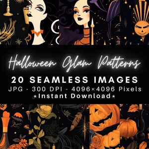 May include: A set of 20 digital seamless patterns featuring Halloween themes. The patterns include images of pumpkins, witches, candles, and other spooky elements. The patterns are in a black and gold color scheme and are perfect for creating Halloween-themed crafts, decorations, and projects.