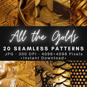 Op de afbeelding: Een verzameling van 20 naadloze gouden patronen, perfect om een ​​toets van luxe aan uw ontwerpen toe te voegen. Elk patroon is 4096 x 4096 pixels en 300 DPI, wat zorgt voor een hoge afdrukkwaliteit. De patronen omvatten een ​​verscheidenheid aan texturen, van glad en glanzend tot textuur en ingewikkeld.