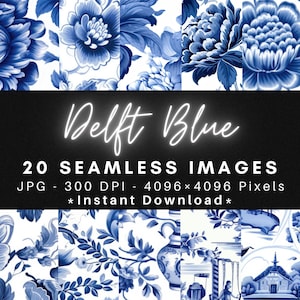 Könnte beinhalten: 20 nahtlose digitale Papiermuster im Delft-Blau-Stil. Die Muster zeigen blaue und weiße Blumenmuster, Vasen und Häuser. Die Bilder sind 4096 x 4096 Pixel groß und haben 300 DPI.