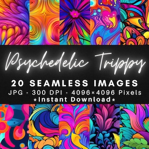 May include: 20 seamless digital images in a psychedelic trippy style. The images feature swirling patterns in vibrant colors like pink, blue, green, yellow, and orange. The images are 4096 x 4096 pixels and 300 DPI.