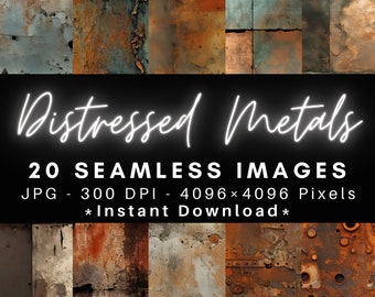 Puede incluir: Una colección de 20 imágenes digitales sin costuras que presentan texturas de metal desgastado en varios tonos de marrón, óxido y azul. Cada imagen tiene 4096 x 4096 píxeles y 300 DPI. El texto "Distressed Metals" y "20 Seamless Images" se muestra en blanco sobre un fondo negro. El texto "JPG - 300 DPI - 4096 x 4096 Pixels" se muestra en blanco sobre un fondo negro. El texto "*Instant Download*" se muestra en blanco sobre un fondo negro.