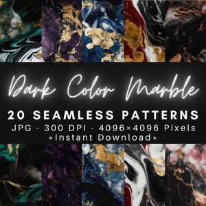 May include: 20 seamless digital paper patterns featuring dark color marble designs with gold accents. The patterns are 4096 x 4096 pixels and 300 DPI.