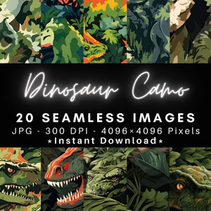 May include: 20 seamless digital images of camouflage patterns featuring dinosaurs. The patterns are in shades of green, brown, and black. The text "Dinosaur Camo" and "20 Seamless Images" is displayed in white.