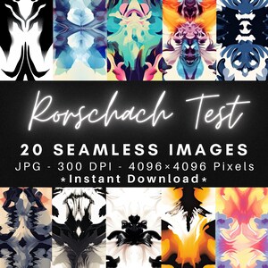 May include: A set of 20 seamless digital images featuring abstract, colorful, and symmetrical patterns inspired by the Rorschach inkblot test. The images are high-resolution, 4096 x 4096 pixels, and 300 DPI.  The text "Rorschach Test" and "20 Seamless Images" is displayed in white on a black background.