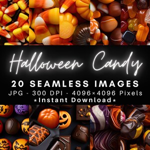 Può includere: Un download digitale di 20 immagini senza cuciture con caramelle di Halloween, tra cui cioccolato, mais dolce e caramelle gommose. Le immagini sono di 4096 x 4096 pixel e 300 DPI.