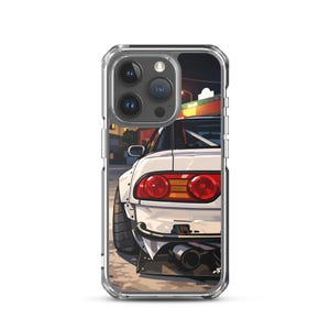 May include: Clear phone case featuring a stylized illustration of a white sports car. The car has red taillights, a black exhaust, and a wide tire. The background shows a street scene with lights.