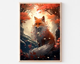 Japanese Art Kitsune Forest Fox Print Wall Art Poster Elevate Your Space with Elegance for Contemporary Home Décor, Stylish Home