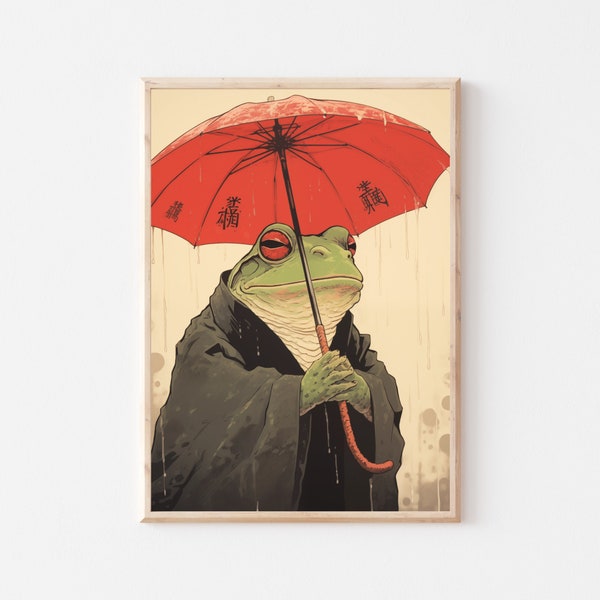 Japanese Woodblock printing FROG Red Umbrella Print Wall Art Poster Elevate Your Space with Elegance for Contemporary Home Décor