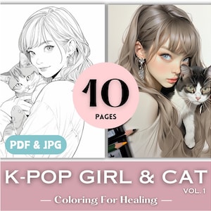 Ausmalbilder Kpop Mädchen und Katze Mode Malseiten Printable K-pop Malbuch Seiten Katzen für Jugendliche Mädchen Geburtstag Geschenk Idee Download