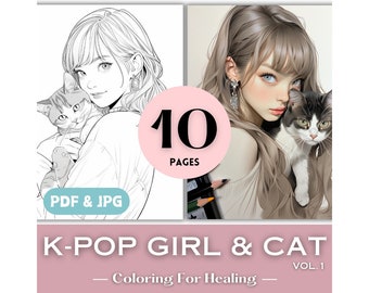 Coloring Pages Kpop Girl and Cat Fashion Coloring Pages Printable K-pop Coloring Book Pages Cats for Teens Girls Birthday Gift Idea Download