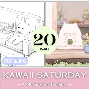 Regalo de cumpleaños de manga de sábado kawaii, lindas páginas para colorear, animales de anime japonés kawaii, fin de semana perezoso, relajante, libro para colorear simple para descargar.
