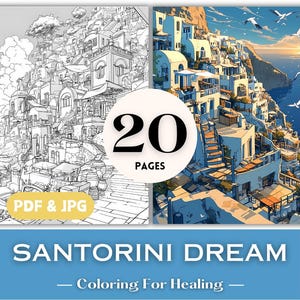 Greek Islands Santorini Coloring Book Vacation Coloring Pages Coloring Trip Mediterranean Architecture European Village Scenery Coloring PDF