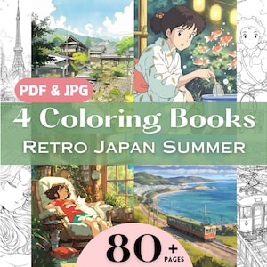 May include: A digital download featuring four coloring books with a retro Japan summer theme. The image includes illustrations of Japanese landscapes and anime-style characters. The text on the image reads "PDF & JPG", "4 Coloring Books", "Retro Japan Summer", and "80+ Pages".