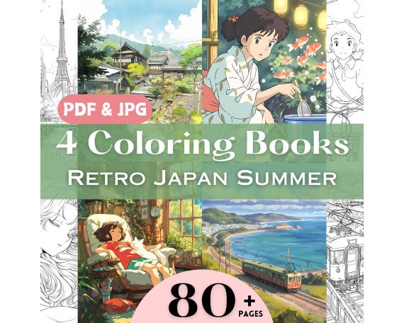 Grayscale Coloring Pages Bundle Anime Lovers Birthday Gift Idea Summer Japanese Countryside Retro Japan Shrine Cityscape Coloring Book Set