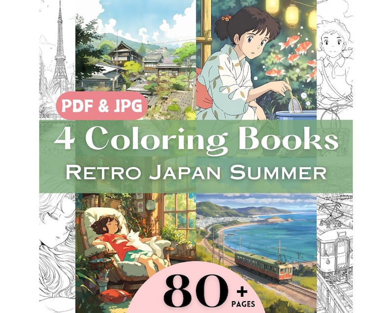 May include: A digital download featuring four coloring books with a retro Japan summer theme. The image includes illustrations of Japanese landscapes and anime-style characters. The text on the image reads "PDF & JPG", "4 Coloring Books", "Retro Japan Summer", and "80+ Pages".
