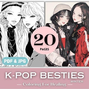 Páginas para colorear de las mejores amigas de K-pop para chicas, imprimibles, de moda de invierno. Libro para colorear de K-pop para chicas adolescentes. Regalo de cumpleaños para fans del K-pop.