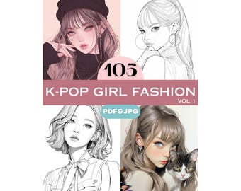 Paquete de páginas para colorear de moda para chicas Kpop, idea de regalo de cumpleaños para amantes del K-pop, atajos de moda, juego de libros para colorear de gatos y chicas, arte Kpop imprimible