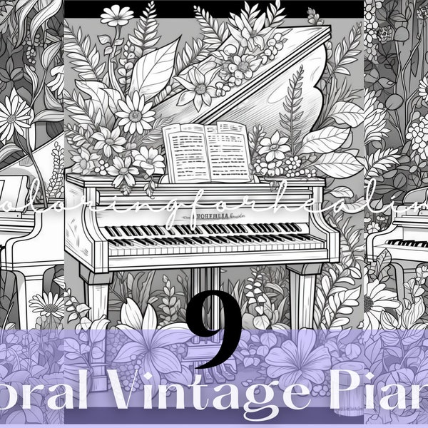 Vintage Piano Floral Grayscale Coloring Page Flowers Printable Coloring Book Pages for Adults Women Mom Gift Piano Teachers Instant Download