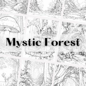 Puede incluir: Una ilustraci&oacute;n en blanco y negro de un bosque m&iacute;stico con una variedad de &aacute;rboles, hongos y un puente. El texto "Mystic Forest" est&aacute; escrito en letras negritas en el centro de la imagen.