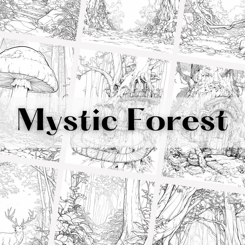 Puede incluir: Una ilustraci&oacute;n en blanco y negro de un bosque m&iacute;stico con una variedad de &aacute;rboles, hongos y un puente. El texto "Mystic Forest" est&aacute; escrito en letras negritas en el centro de la imagen.