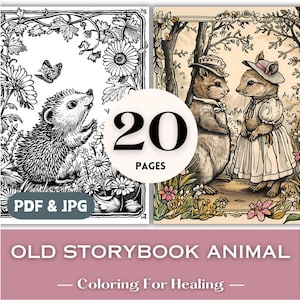 Livre de contes vintage à colorier animaux Illustration de livre pour enfants vieux livre de coloriage imprimable Printemps animal conte de fées botanique impression PDF