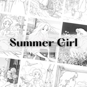 May include: Black and white illustrations of a young woman in various summer scenes. The text "Summer Girl" is overlaid on the images. The scenes include a girl with a watermelon, a girl with a book, and a girl on a bicycle.