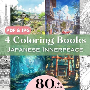 Puede incluir: Cuatro libros para colorear con ilustraciones de inspiraci&oacute;n japonesa. La portada muestra una puerta torii roja, un ciervo en un bosque, una calle de la ciudad y una ilustraci&oacute;n en blanco y negro. El t&iacute;tulo dice "4 Coloring Books Japanese Innerpeace" y el texto "80+ P&aacute;ginas" est&aacute; en un c&iacute;rculo rosa.
