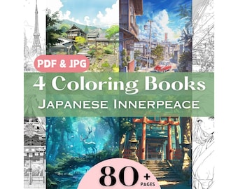 Coloring Pages Bundle Japan Anime Style Summer Japanese Countryside Retro Shrine Cityscape Coloring Book Set